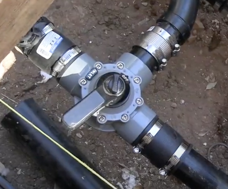 three-way valve inserted into the drain line under the house